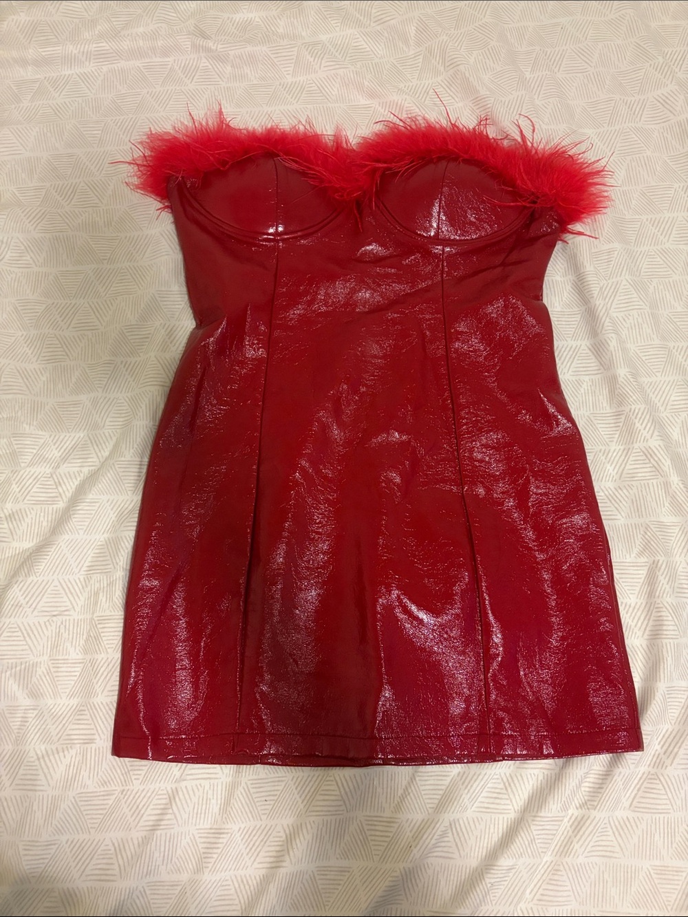 Fashion Nova Red Strapless Mini Dress with Feather Trim